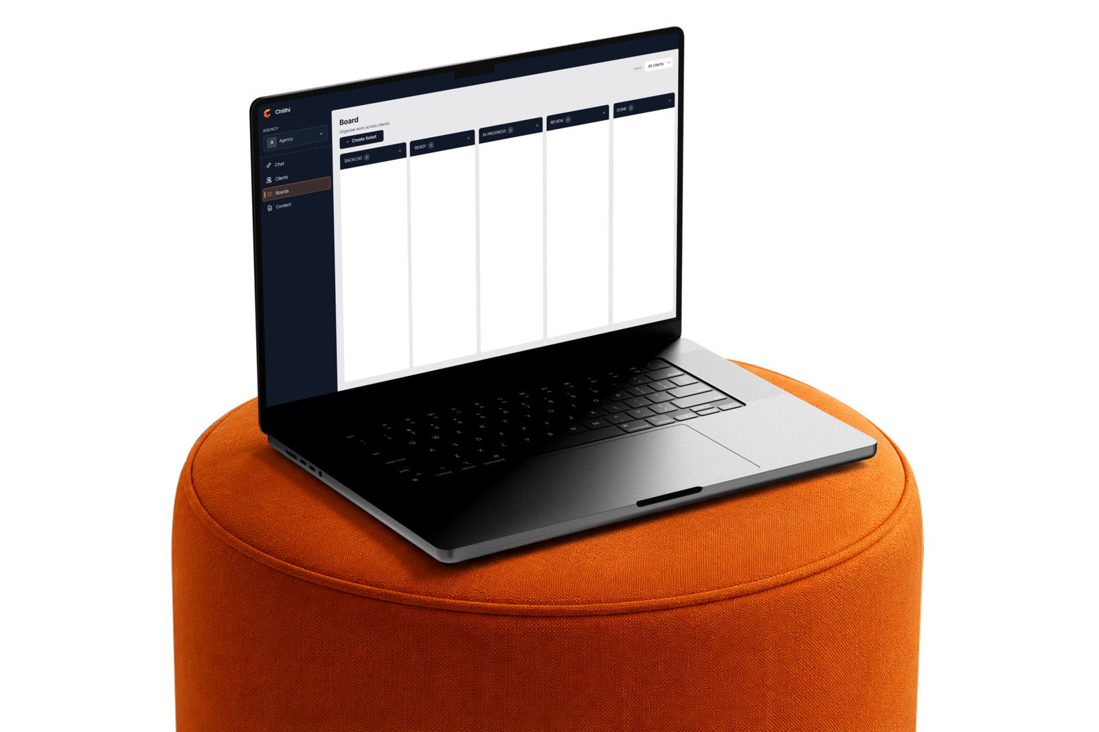 The Chillhi board open on a laptop resting on an orange ottoman, with work organised across clients