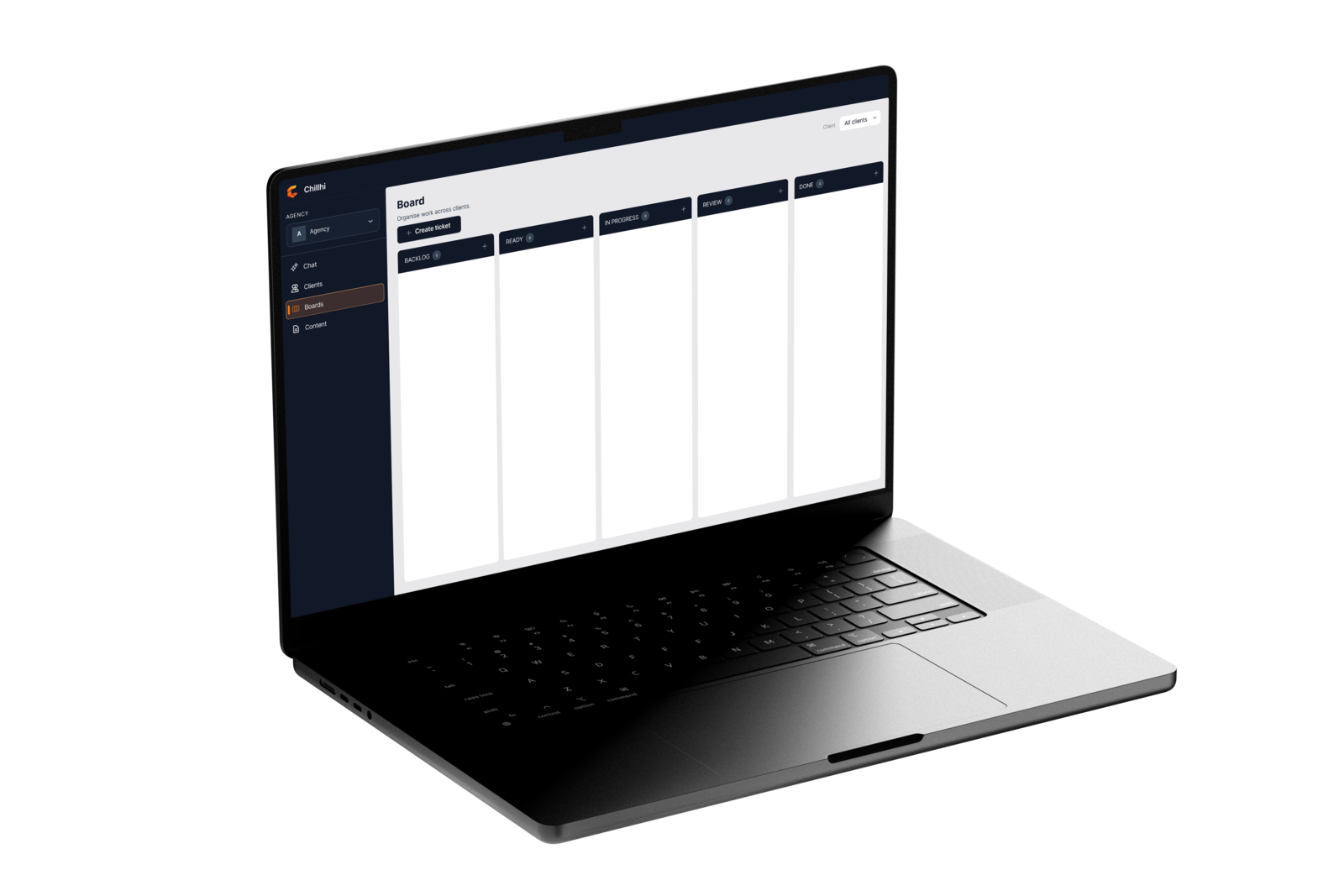 The Chillhi board open on a laptop, work organised across clients