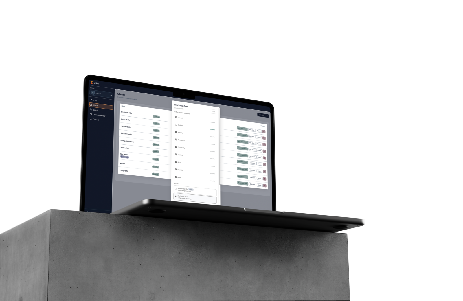 Sending a client intake form from the Chillhi clients page on a laptop