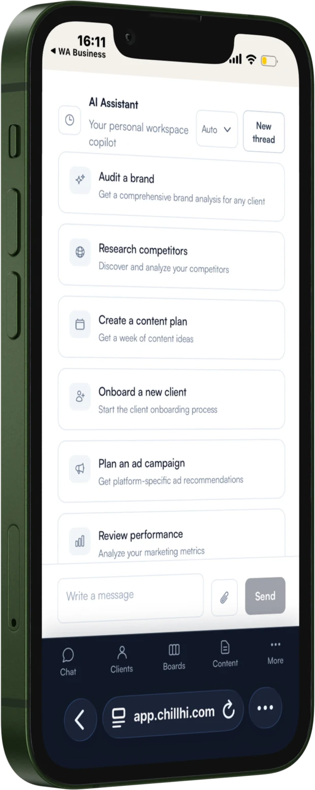 The Chillhi assistant offering to audit a brand, research competitors, create a content plan, onboard a new client, plan an ad campaign or review performance