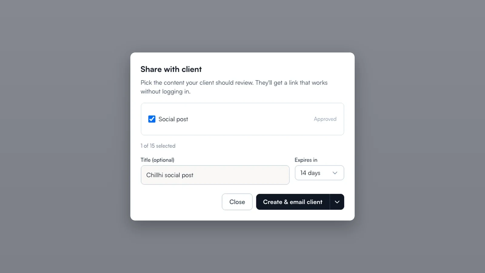 A social post being shared with a client for review, already approved in Chillhi