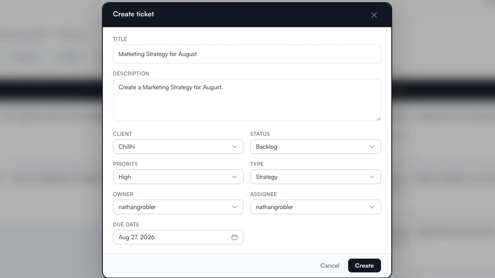 A new Chillhi ticket being created with a client, owner and due date