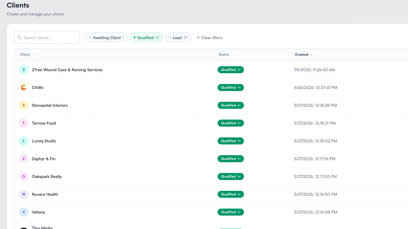 The Chillhi clients page listing every client an agency has onboarded