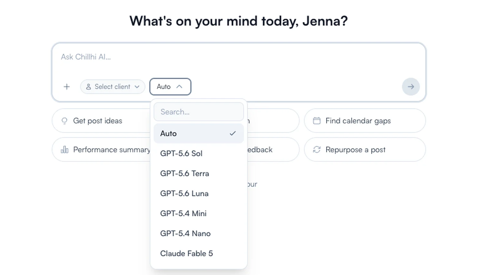 The Chillhi assistant with a client selected and a choice of AI models