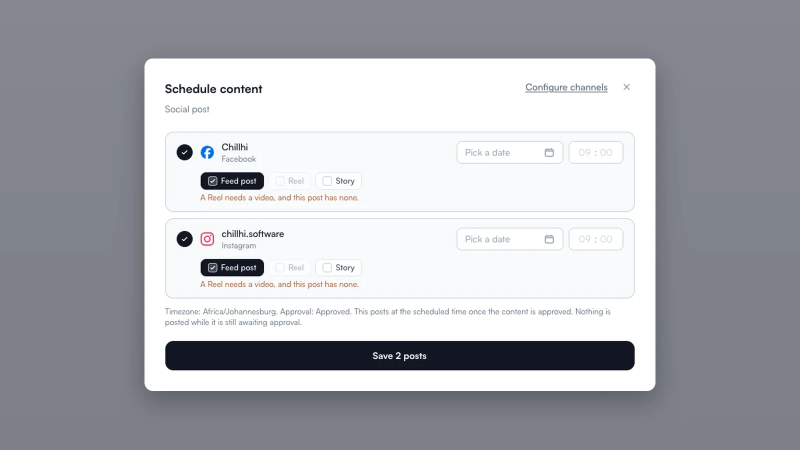 Approved content being scheduled to Facebook and Instagram from Chillhi